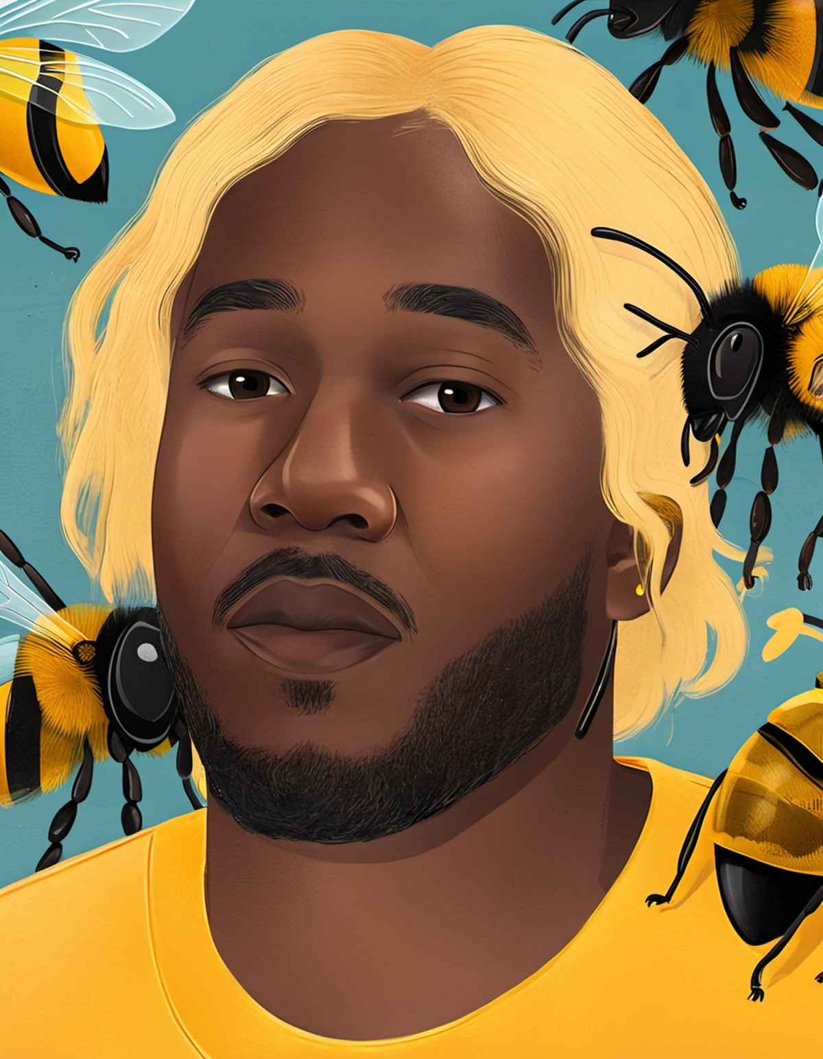 modern illustration closeup of a black man with yellow hair, surrounded by bees